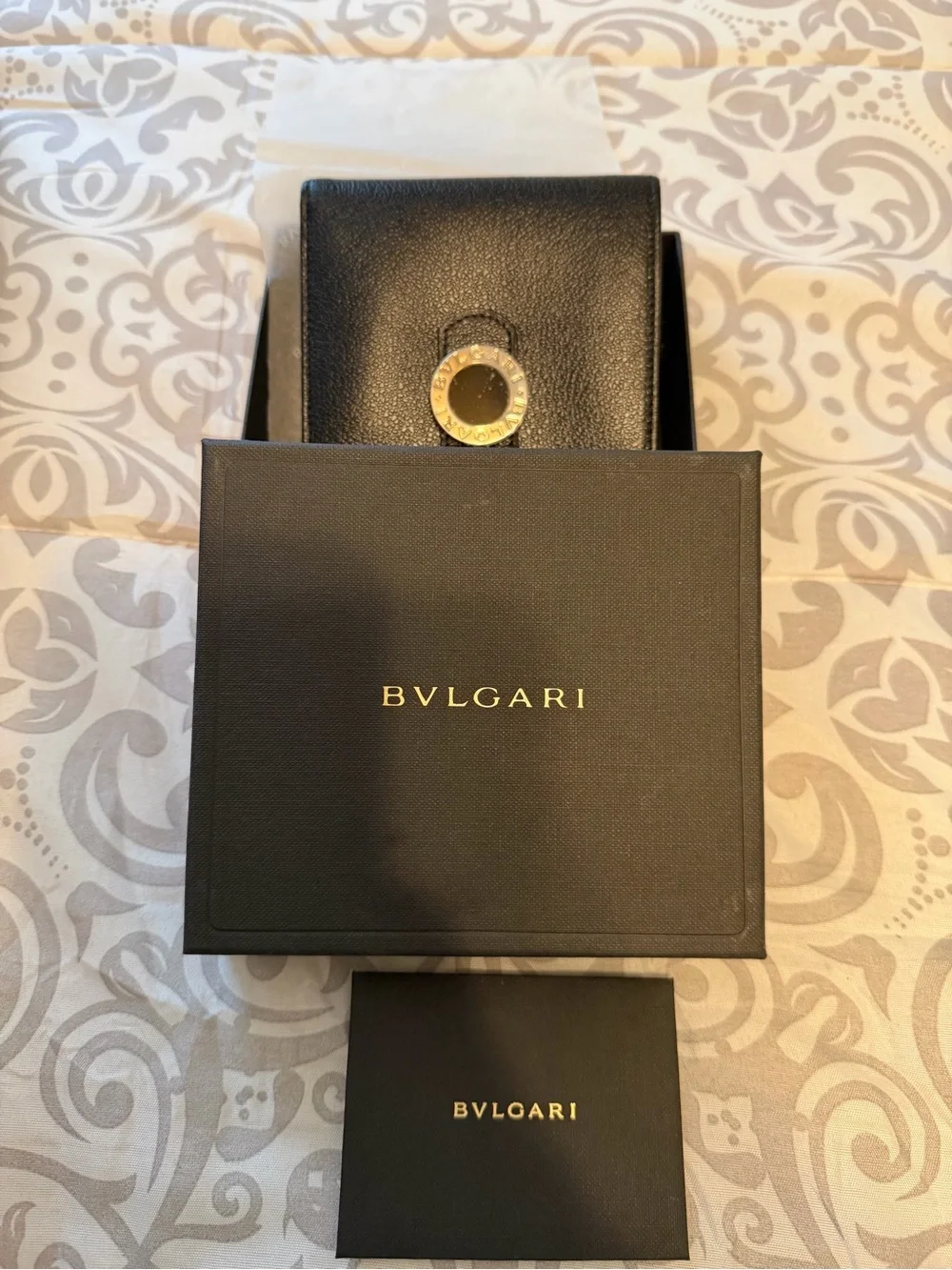 Bulgari Black Pebbled Leather Bifold Wallet with Snap